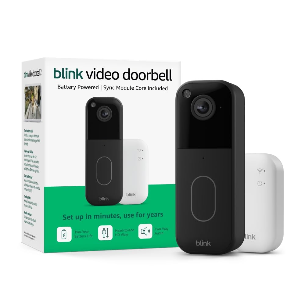 image:imageBlink Video Doorbell with1Year Basic plan Headtotoe HD view twoyear battery life and simple setup Sync Module Core included System Black