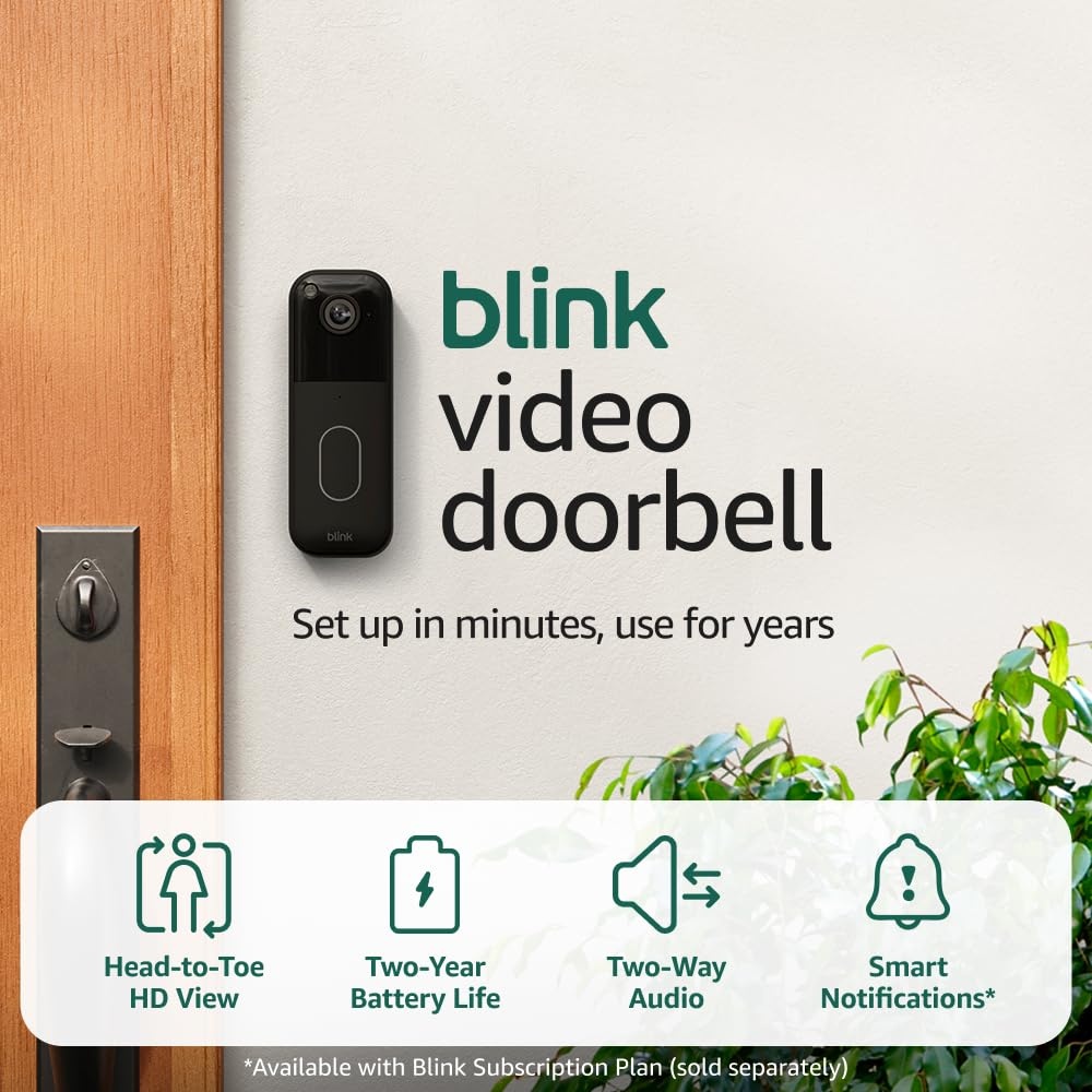 image:imageBlink Video Doorbell with1Year Basic plan Headtotoe HD view twoyear battery life and simple setup Sync Module Core included System Black